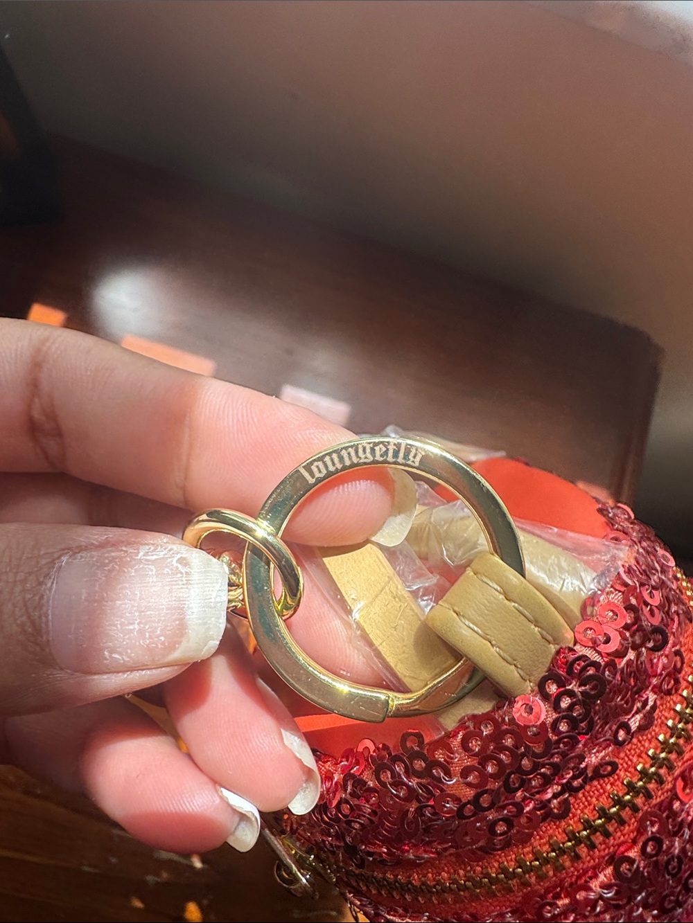 Loungefly Red Sequin Mini Backpack Keychain with Cream & Yellow Floral Panel - Picture 4 of 4